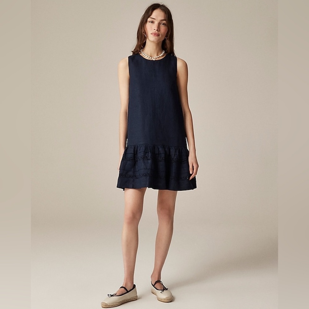 NWT J.Crew Maxine ruffle-trim dress in linen Navy Blue XS Preppy Vacation Casual